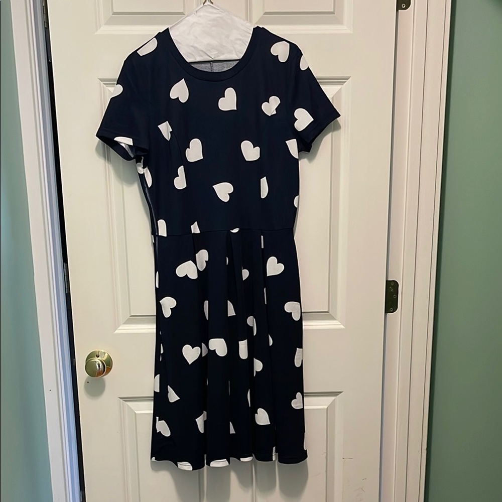 Blue and White Fit and Flare Midi Dress with Crew Neck